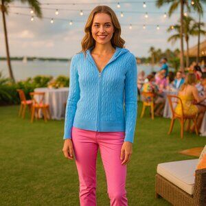 Talbots Jacket Hoodie Women P/S Ribbed Powder Blue Zip Pockets Academia Preppy